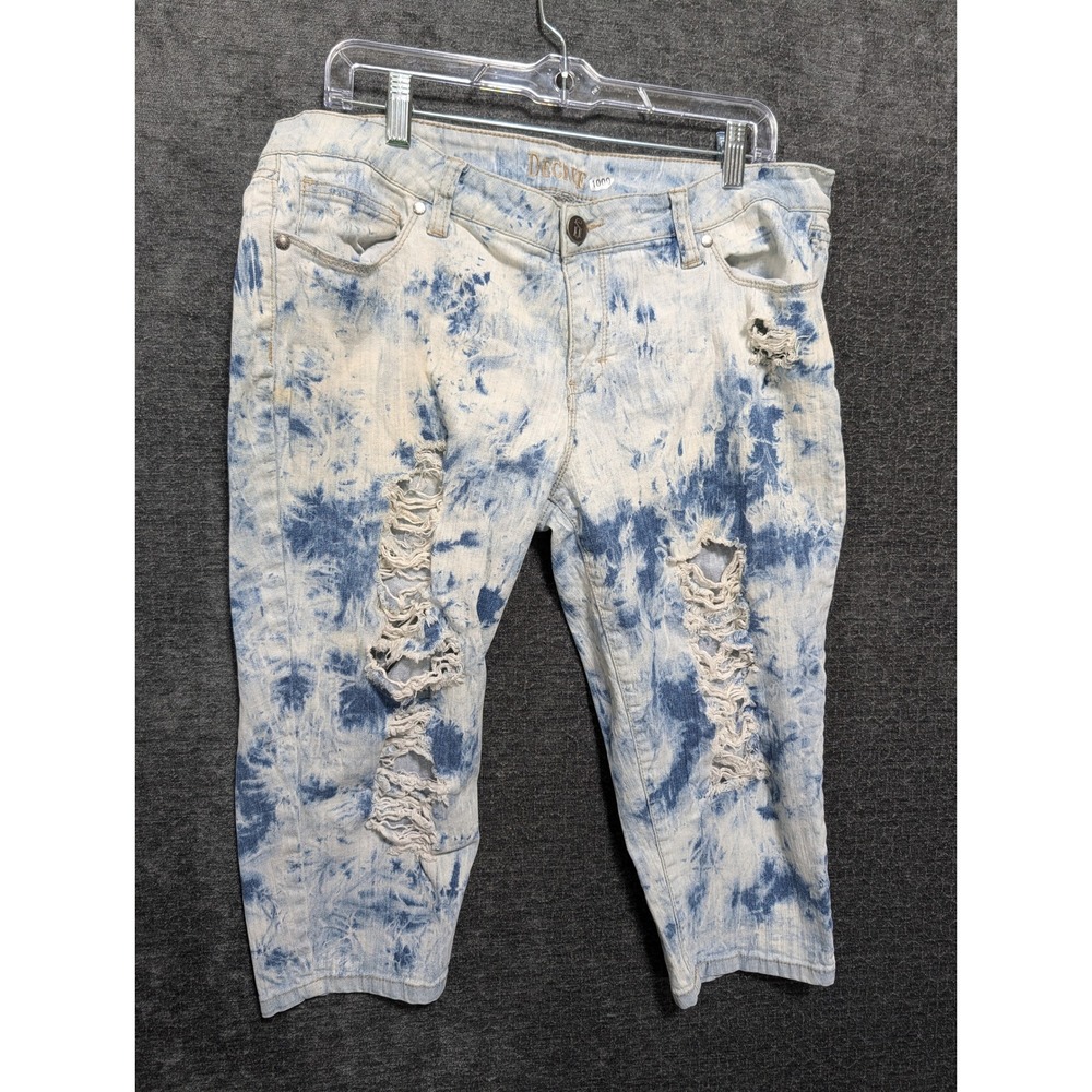 Decree Womens Acid Wash Tie Dye Distressed Capri Jeans Blue White 1000